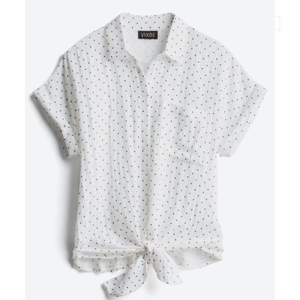 VIXBE Blue and White Polka Dot Serah Tie Front Top, size L